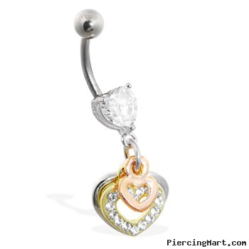 Belly ring with dangling jeweled and Gold Tone hearts