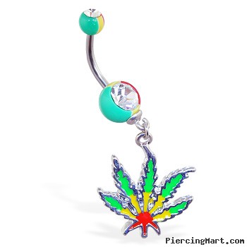 Rasta colored double jeweled belly ring with dangling pot leaf