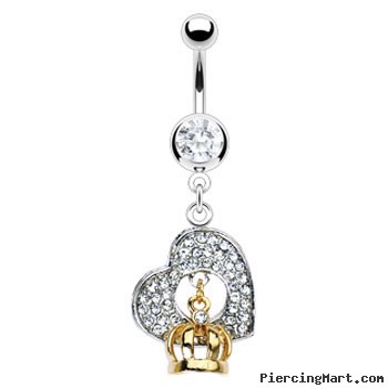 Navel ring with dangling heart and Gold Tone crown