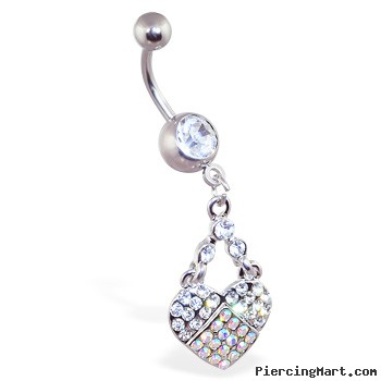 Belly ring with dangling multi-colored jewel paved heart