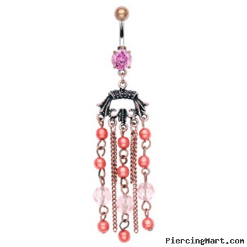 Pink vintage belly ring with dangling chains and pearls