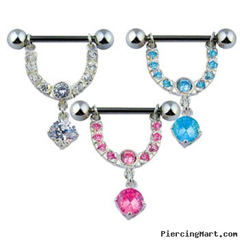 Nipple bar with dangling jeweled horseshoe and gem, 14 ga