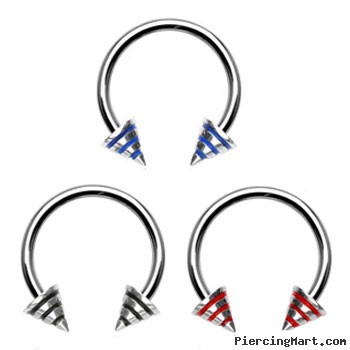 Stainless steel circular (horseshoe) barbell with epoxy striped cones, 16 ga