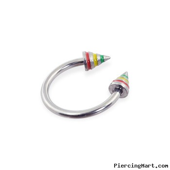 Stainless Steel Circular (Horseshoe) Barbell With Rasta Colored Epoxy Striped Cones, 16 Ga