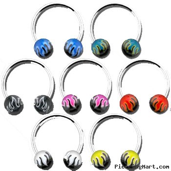 Stainless steel circular (horseshoe) barbell with acrylic flame balls, 14 ga