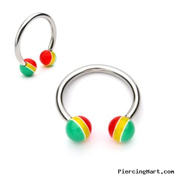 Stainless Steel Circular (Horseshoe) Barbell with Rasta Balls, 16 Ga