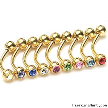 Gold Tone 3/8"(10mm) long eyebrow ring with jeweled CZ balls, 16 ga