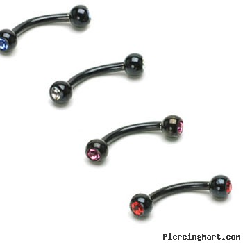 Black titanium anodized curved barbell with jeweled balls, 16 ga