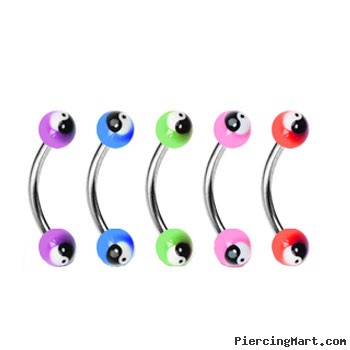 Curved barbell with colored acrylic ying-yang balls, 16 ga