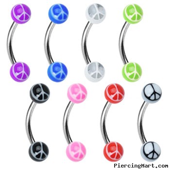 Curved barbell with acrylic peace sign balls, 16 ga