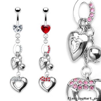 Jeweled heart navel ring with dangling jeweled hearts