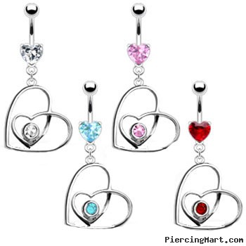 Belly ring with jeweled heart inside dangling crooked heart