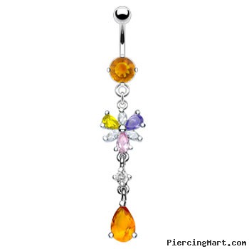 Citrine colored jeweled belly ring with dangling multi-color flower and citrine stone