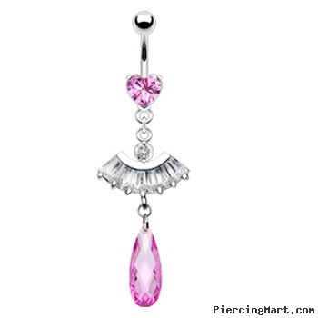 Belly ring with dangling princess cut fan and large pink stone