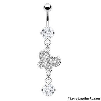 Navel ring with dangling jewel paved butterfly and gem