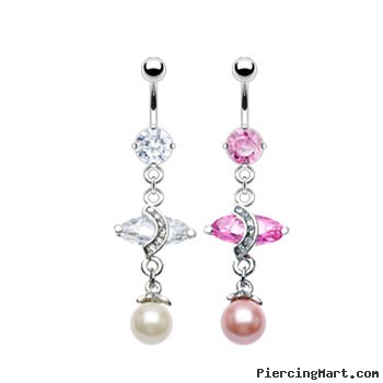 Navel ring with dangling marquise CZ and pearl