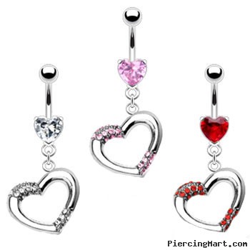 Heart belly ring with dangling jeweled heart