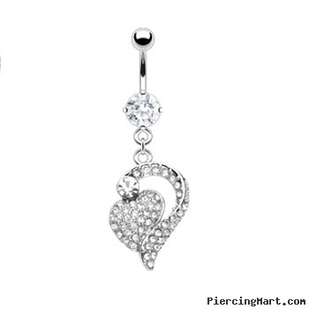 Belly ring with Multi Gem Paved Heart to Heart Dangle