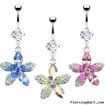 Belly ring with dangling jeweled multi-toned flower