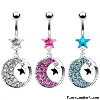 Belly ring with dangling round crescent moon and stars