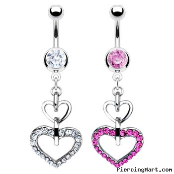 Belly ring with dangling jeweled linked hearts