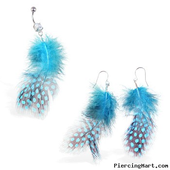 Teal Polka Dot Feather Belly Ring And Earring Set