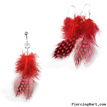 Red Polka dot Feather Belly Ring and Earring Set