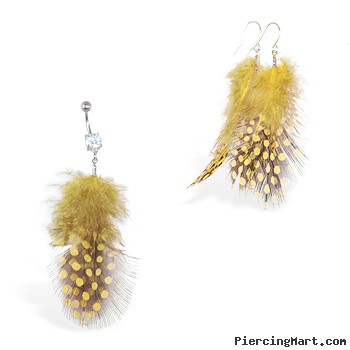 Yellow Polka Dot Feather Belly Ring And Earring Set