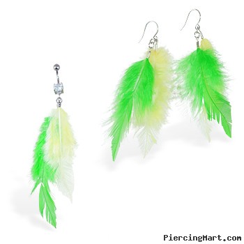 Green and Yellow  feather Belly Ring and Earring Set