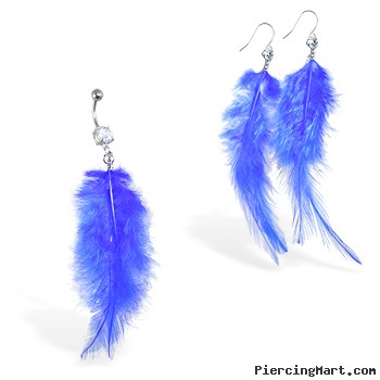Blue Feather Belly Ring and Earring Set
