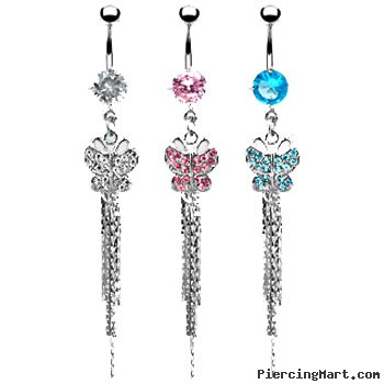 Belly button ring with dangling jeweled butterfly with chains