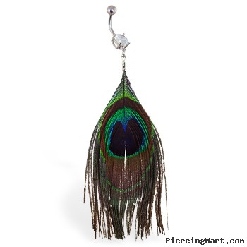 Belly ring with large dangling peacock feather