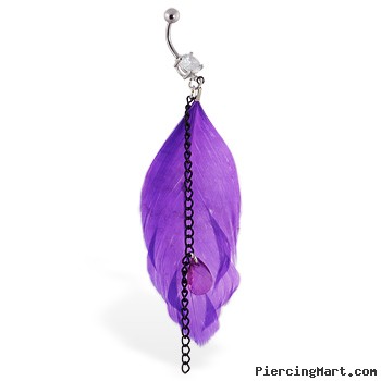 Navel ring with dangling black chains and large purple feather