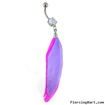 Belly ring with dangling pink and purple feathers