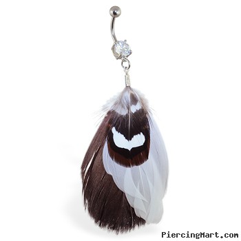 Belly ring with dangling white and brown feathers