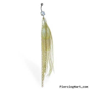 Belly ring with large dangling golden feather with golden chains