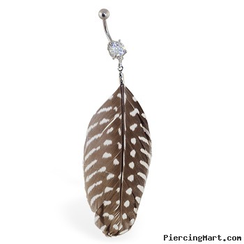 Belly ring with dangling brown and white spotted feather