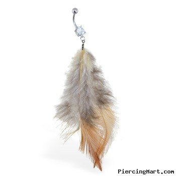 Belly ring with dangling white, black and brown feathers