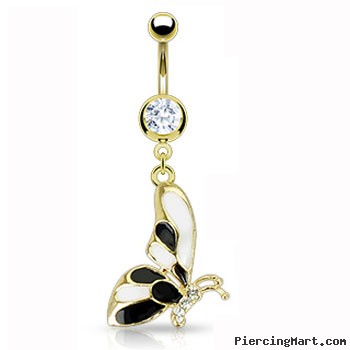 Gold Tone belly ring with dangling black and white butterfly