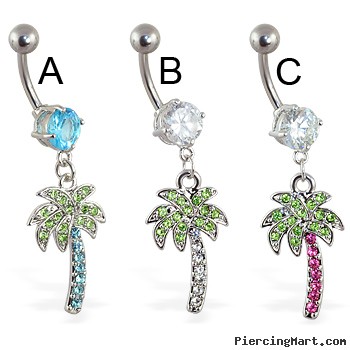 Navel ring with dangling jeweled palm tree