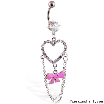 Navel ring with large dangling jeweled heart and bow with chains