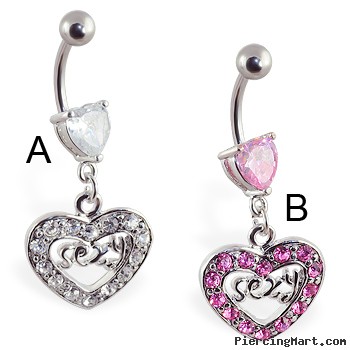 Navel ring with dangling jeweled "SEXY" heart