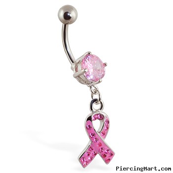 Navel ring with dangling pink wellness ribbon