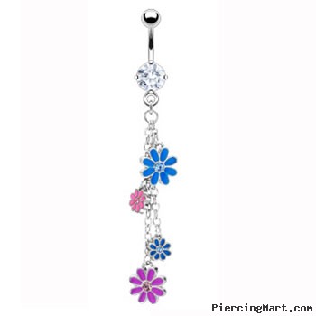 Navel ring with dangling multicolored flowers