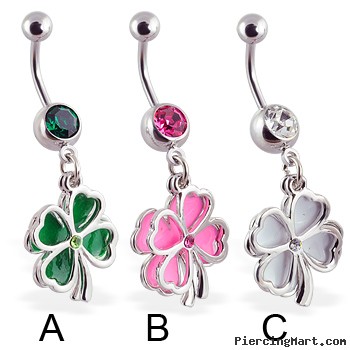 Navel ring with dangling clovers