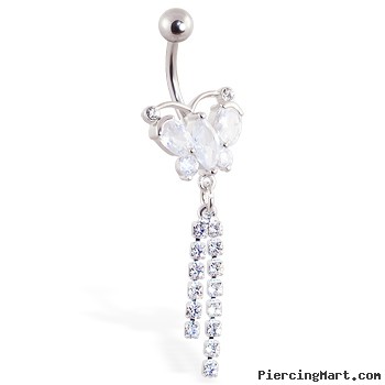 Jeweled butterfly navel ring with jeweled dangles