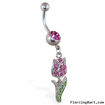 Belly Ring with Dangling Pink Rose