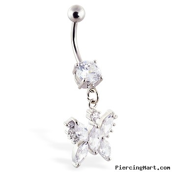 Navel ring with dangling jeweled butterfly