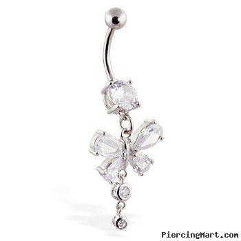 Navel ring with dangling clear butterfly and gems