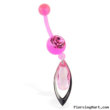 Flexible pink belly ring with dangling stone